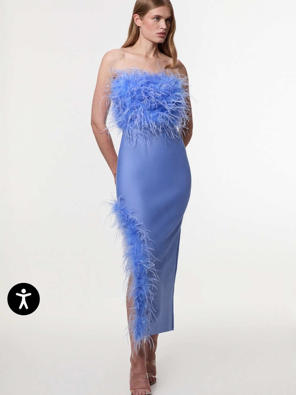 Karen Millen Cornflower Strapless Feather-Trim Midi Dress